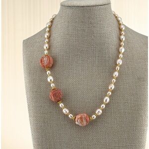 Artisan Carved Angel Skin Coral and Freshwater Pearl 16-18’